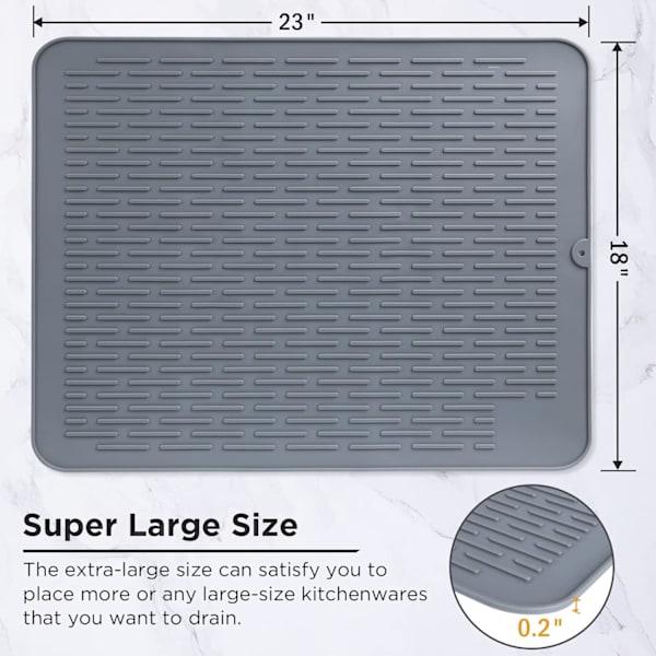 Silikon tørkematte, XL-størrelse 23” x 18”, oppvaskmatte, stor oppvaskstativmatte for kjøkkenbenk, varmebestandig gryteunderlag, grå