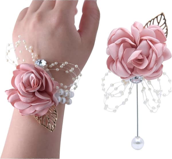 Rose Corsage Armbånd, 2 STK Blomster Bryllups Håndleds Corsage med Rhinestone og Perle