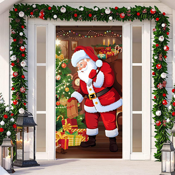 Glædelig Jul Dørbetræk Juleophæng Banner Julemand Dørbetræk Klud Polyester Jule Dørbetræk Jule Dørdekorationer, 70,9 x 35,4 Tommer