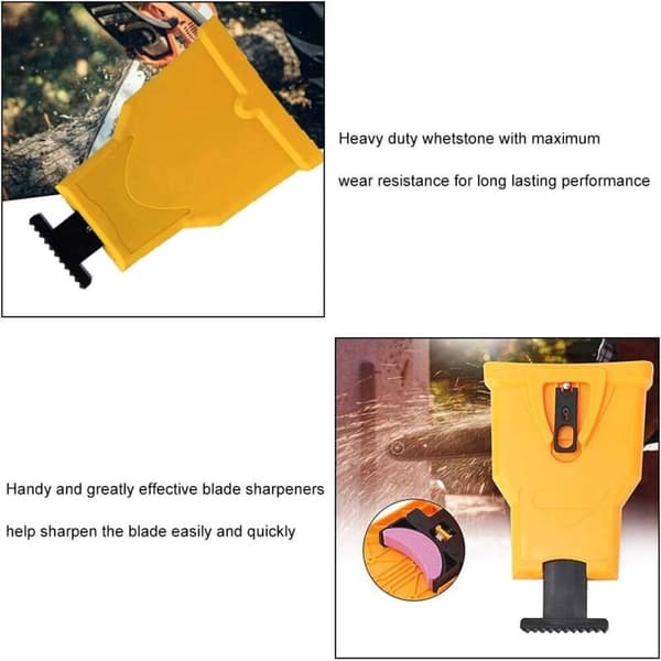 Chainsaw Sharpener. Automatic Sharpener (1 pc). Replaceable Grinding Stone (3 pcs). Adjustable Guide Bar with 2 Guide Holes (yellow)