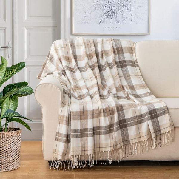 Høstlig rutete sengeteppe til sofa, firkantet dekorativt teppe i bondehus-stil, lett beige sengeteppe til seng sofa nøytral høstdekor, 127 cm x 152,4 cm