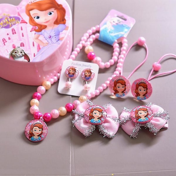 6# Rosa Sophia-set med ask Frozen Prinsessa Halsband Armband Hårtillbehör Set Barnens Kärlek Förvaringsask Present