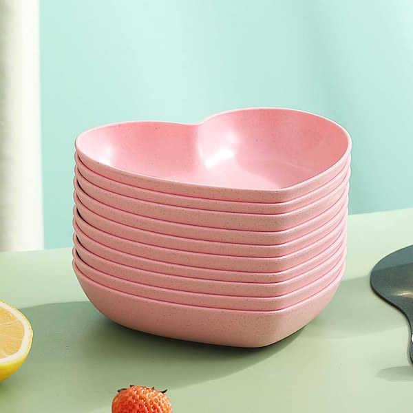 10 stk. Hjerteformede middagstallerkener, middagsstel, 6 tommer madtallerkener, underkopper, bakke, frugt- og snacks skåle, BPA-fri (pink)