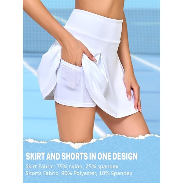 Naisten tennishame shortseilla, taskuilla, golfshortsit, joustava vyötärö, treenihameet naisille, urheiluhameet urheiluun, treeniin, juoksuun White XL