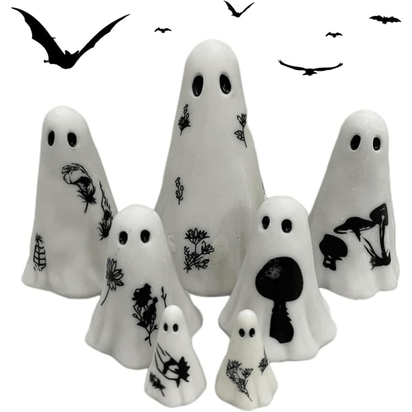 7 stk. Hvide Resin Uhyggelige Figurer, Søde Håndmalede Spøgelsesfigurer, Uhyggelige Halloween Statuer til Spøghus, Horror Fest, Kontor, Hjemmeindretning