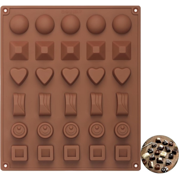 Chokoladeform i silikone med 30 hulrum i 6 forskellige former, velegnet til fremstilling af chokolader/kagedekorationer, velegnet til fester og fejringer