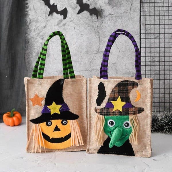 Premium Halloween Linnehandväskor - Uppsättning av 4 distinkta mönster för miljövänlig presentförpackning