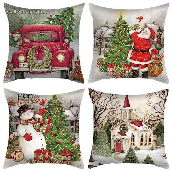 Jul kuddfodral 18 x 18 tum set om 4 vinterdekor kuddfodral bondgård snögubbe tomte kuddfodral god jul