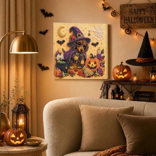 DIY Bead Painting Kit with Frame 12 inch Dachshund Witch and Kitten