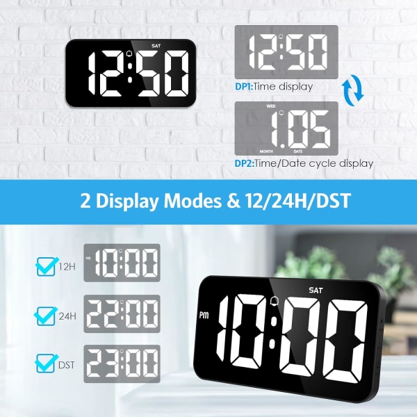 Digitaalinen seinäkello, suuri näyttö, 11 tuuman suuri digitaalinen kello automaattisella himmennyksellä, 12/24 tuntia, hiljainen seinäkello olohuoneen sisustukseen
