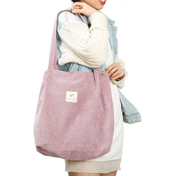 Kordfløyel Tote Bag for kvinner jenter Stor gjenbrukbar bæreveske med innerlomme A-Svart