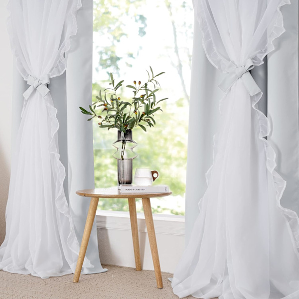 Hvid plisseret transparent gardin med slips, fransk landlig stil gardiner soveværelse indretning, 52\" x 84\" 132,08 cm B x 213,36 cm L, Off-White, 2 stykker
