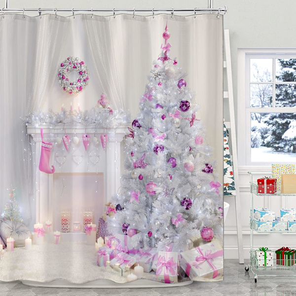 Jul Duschdraperier, Julgran med Rosa Bollar Presenter Kamin Duschdraperi Set med 12 Krokar, Tyg Rosa Jul, 72 × 72