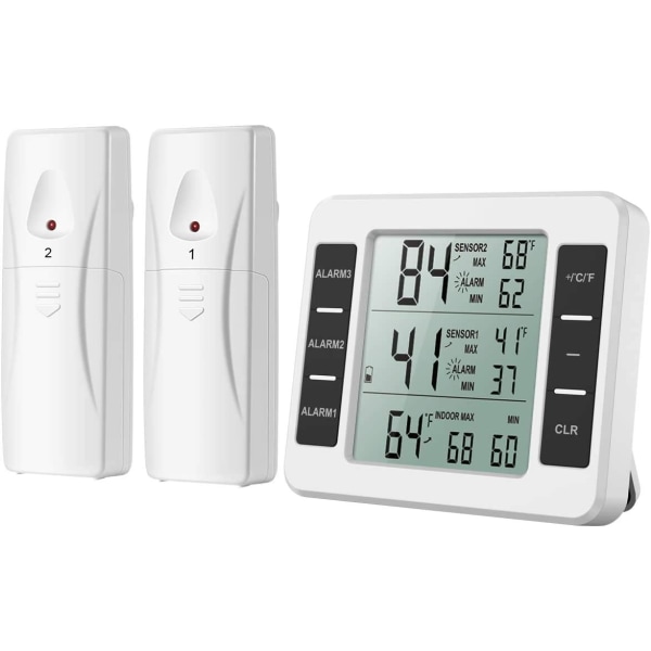 (Ny version) AMIR kylskåpstermometer, trådlös inomhus- och utomhustermometer, sensortemperaturmonitor med ljudlarm (batteri ingår ej)