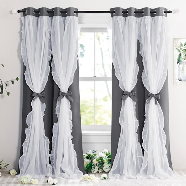 Koristeelliset ikkunan peitteet Kaksinkertaiset verhot Plisseerattu läpikuultava peite Maalaistalon rustiikkinen tyyli Design, L 132,88 x P 213,36 cm, Harmaa, 2 kpl