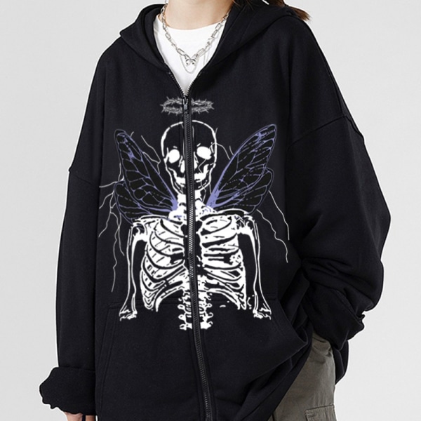 Dam huvtröja med dragkedja Halloween långärmad grafisk jacka Goth Sweatshirt Girl Streetwear (Färg：Vit.Size：L）