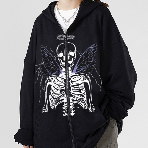 Kvinde Full Zip Up Hoodie Halloween Langærmet Grafisk Jakke Goth Sweatshirt Pige Gadetøj (Farve: Mørkegrå, Sort. Størrelse: M)