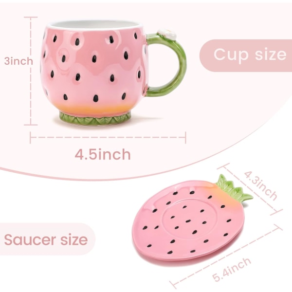 Keramisk tekopp og skål Kaffe krus Jordbær Kaffe krus med skål - 8 Ounce (Rosa)