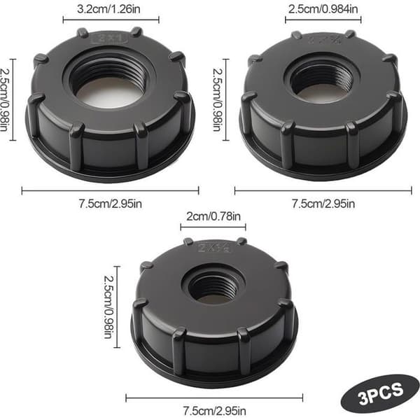 3 IBC-adapterin sarja S60x6, 3/4\" 1/2\" 1\" korkki, 1000L säiliöön, liitäntä