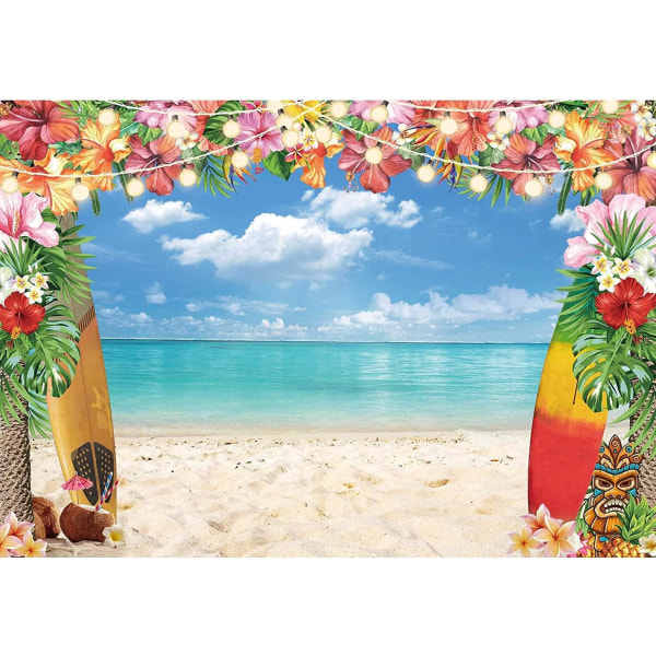 7x5ft Fabric Summer Hawaiian Beach Backdrop for Photography Tropical Flower Luau Party Decorations Blue Sky Ocean Leaves Background Photoshoot