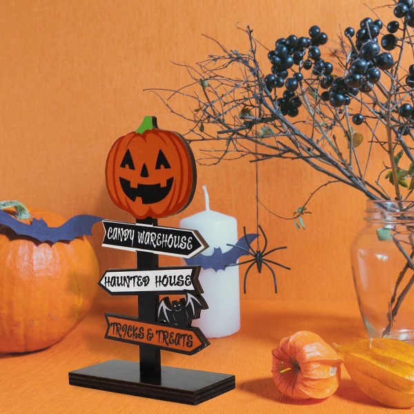 Halloween-bordpynt, Halloween-treornament, Happy-skiltstativ for Halloween-fest, vinduspeisbordplatedekorasjon, 14 x 8 cm (gresskar)