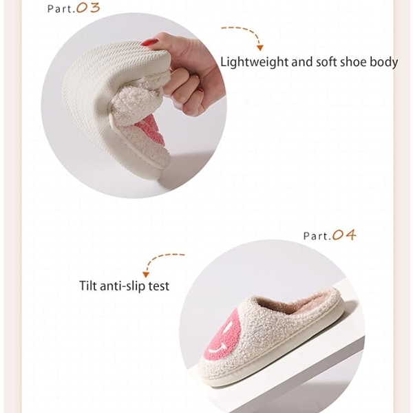 Söta leendetofflor för kvinnor och män, mjuka plysch bekväma varma par tofflor med glad ansikte, preppy tofflor halkfria luddiga platta slides (storlek: 5-6)