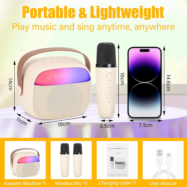 Karaokemaskin för barn med 2 trådlösa mikrofoner, portabelt KTV-system med Bluetooth, högtalare med röstförvrängningseffekter och LED-lampor White