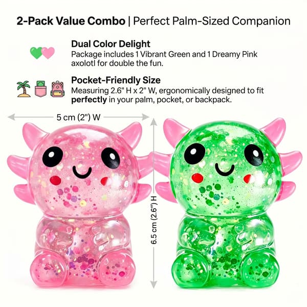 2 stk. Axolotl Squishy Stressbold, Glitter Langsomt Stigende Klemmelegetøj til Børn