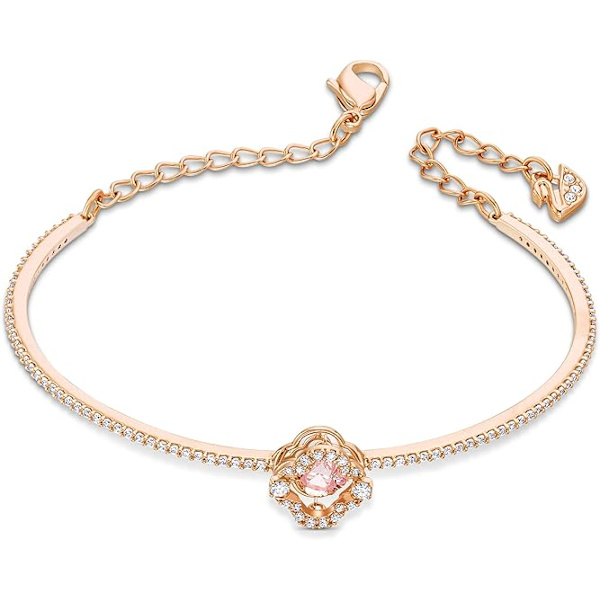 Glittrande dansklöverhalsband, örhängen och armbandssmyckeskollektion, roséguldfärgad finish, rosa kristaller, klara kristaller