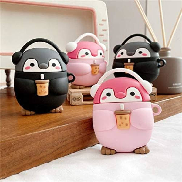Sød Kawaii Holder Mælkete Kop Nyder Musik Headset Pingvin Earphone Etui til AirPods 1/2, Blød Gummi Silikone -Sort