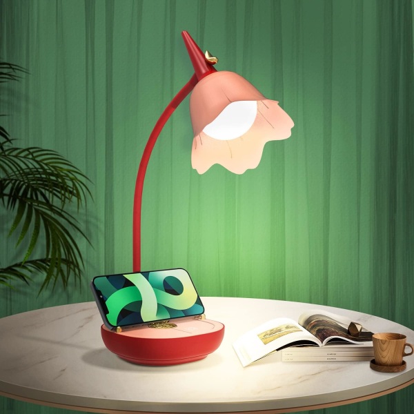 Trådløs skrivebordslampe estetisk, 3 moduser dimbar blomsterskrivebordslampe, rosa skrivebordslampe med svanehals, 2000mAh oppladbar øyevennlig LED-estetikk