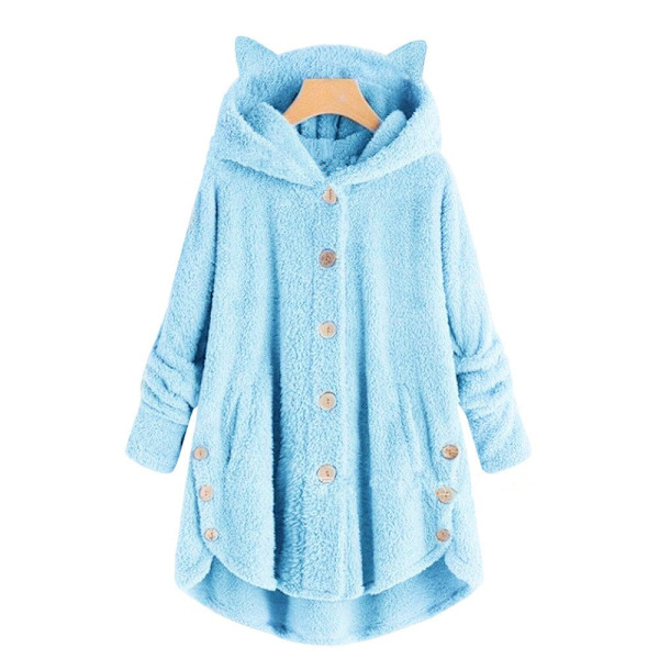 Naisten Trendikäs Epäsäännöllinen Yksivärinen Takki Plussahupun ja Kissankorvilla Blue 2XL