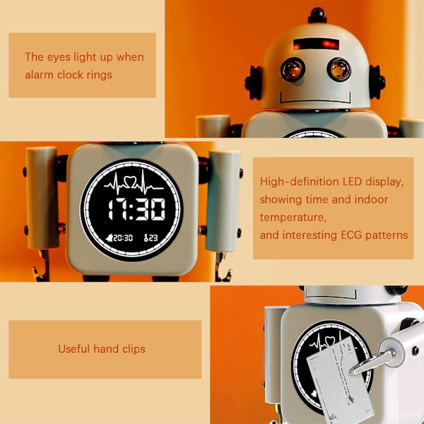 Barnväckarklocka med LED-tid och temperaturdisplay, metallisk icke-tickande robotväckarklocka, väckarklocka med blinkande ögon och roterande arm