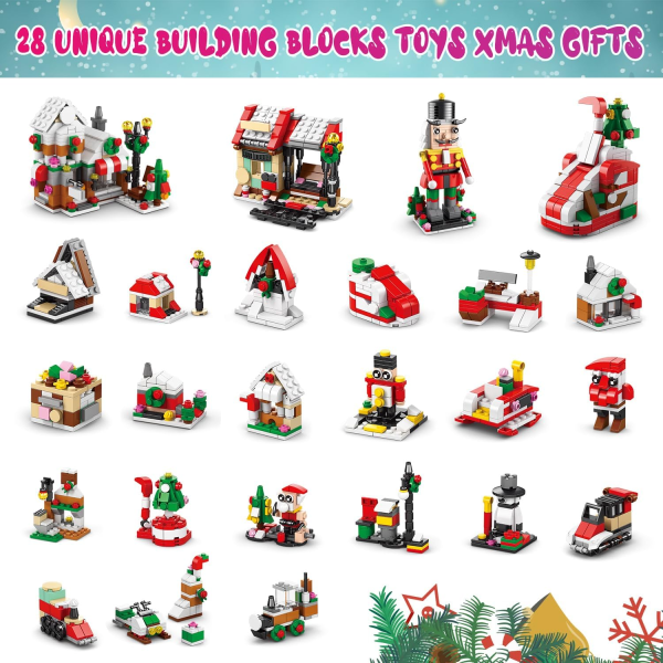 Julkalender Byggsats 2023 - Nedräkningslekset 24 Samlaröverraskningar, 1099 PCS Julgransstuga Tomte (HY1001)