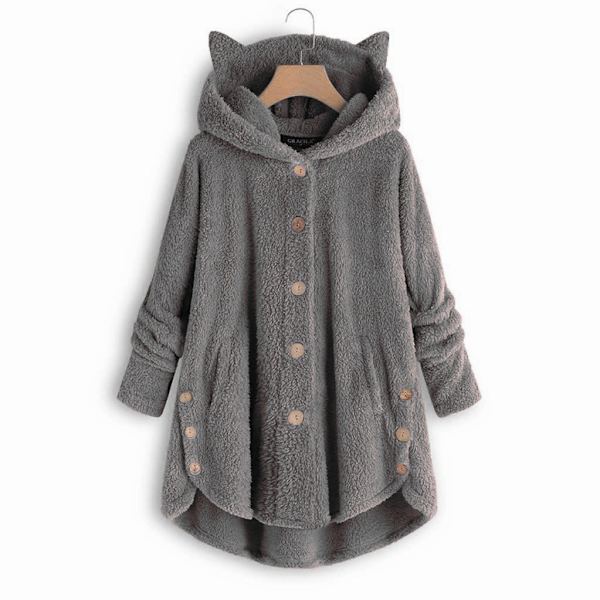 Naisten Trendikäs Epäsäännöllinen Yksivärinen Takki Plussahupun ja Kissankorvilla Dark gray L