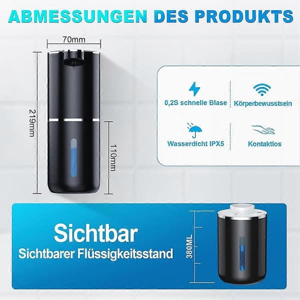 Automatisk sæbedispenser, 380 ml, elektrisk vægmontering, berøringsfri automatisk sæbedispenser, USB genopladelig gel