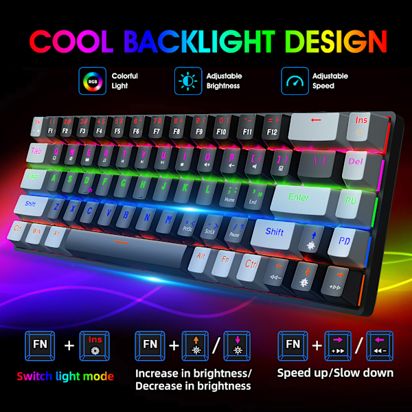 V800 68-tasters mekanisk spilltastatur, flerfarget LED-bakgrunnsbelyst kablet tastatur, støtter akseutskifting, egnet for WinXP/10/11, MAC, Linux (blå akse) GrayBlack
