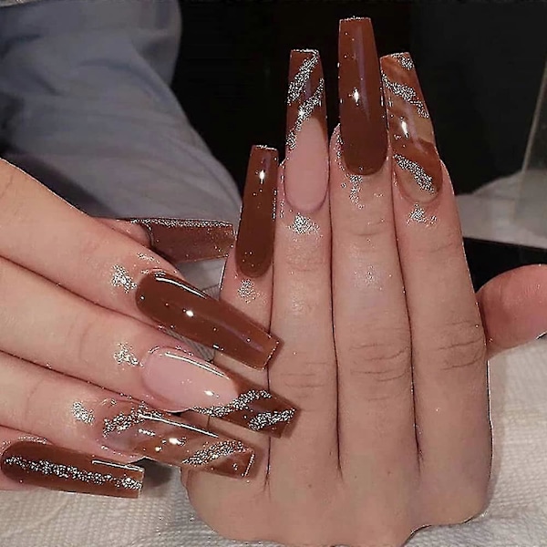 Glitter- och Sekvensrandiga Fulltäckande Söta Falska Naglar med Design Akryl Ballerina Kista Naglar Falska Naglar Artificiella Naglar DIY Nagelkonst Salong