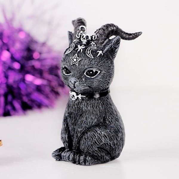 Svart Katter Resin Statue, Maskert Vinget Magisk Katt Skulptur Hagedekorasjon Grim Reaper Katt Figur Plen Ornament Halloween Dekor for Utendørs