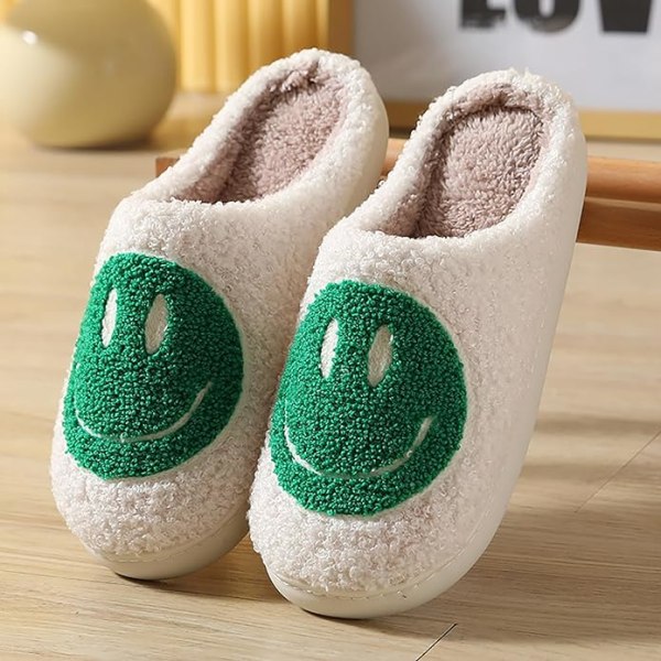 Søte smil tøfler for kvinner menn, myke plysj komfortable varme par slip-on hus glade ansikt tøfler preppy tøfler fuzzy flate lysbilder（Størrelse：11-12）