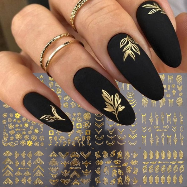 Blommiga nagelkonstdekaler 3D självhäftande guld blomma blad spets nagelkonsttillbehör blomma nagelklistermärken geometriska linjer nagel (guld)