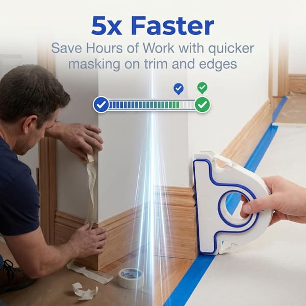 Masking Master Paint Tape Applicator, a one-step precision tool for paint tape, suitable for baseboards, windows, and door frames, prevents