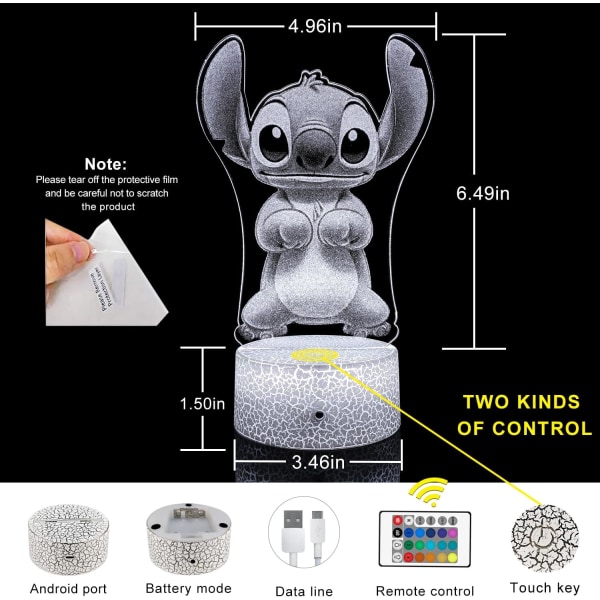 Stitch-gåvor till barn Lilo och Stitch 3D LED-nattlampa med fjärrkontroll och smart touch 7 färger + 16 färger som ändrar dimbara Stitch-leksaker