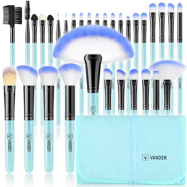 Sminkborstar, VANDER Professionellt 32-delars sminkborstset, sminkborstar set foundation blending kosmetisk borste set kit, blå