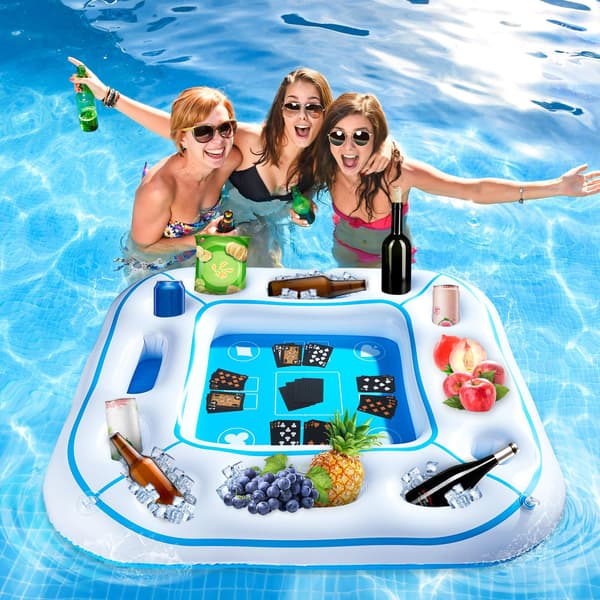 Inflatable Pool Game Table - Floating Card Table with Waterproof Playing Cards, Drink & Snack Tray - White Pool Party Float for Hot Days White