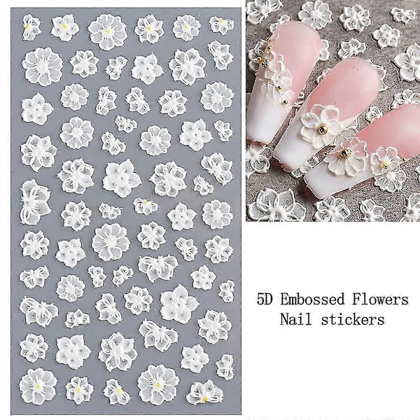 Blomster Nagelsticker Dekaler 5d Ihålig Utsökt Mönster Nagelkonst Tillbehör Självhäftande Lyxig Nagelkonst Dekoration Vit Fjäder Spets Blomma Löv