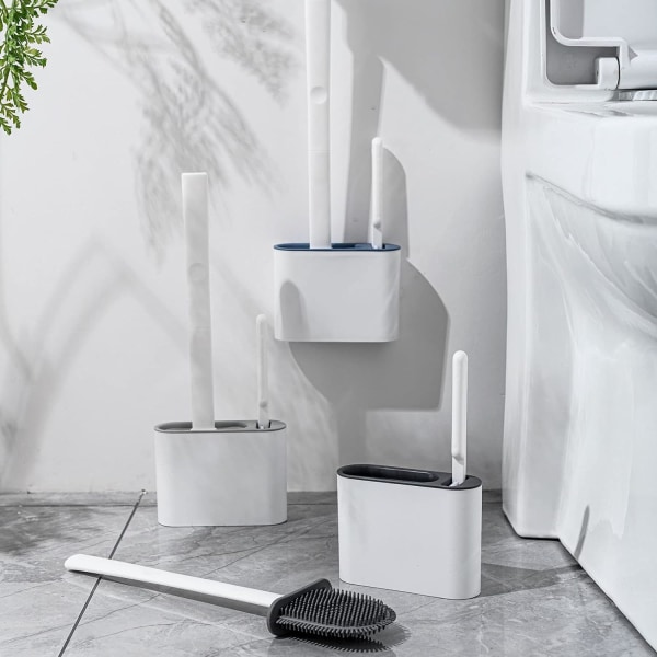 2 stk. toiletsæt med børste og holder, vægmonteret toiletstik, skridsikker langskaftet bløde silikonebørster, nem at rengøre toilethjørner (Lysegrå)