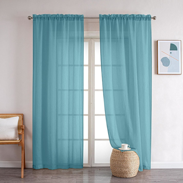 Knuste teksturerede sorte gardiner i voile, 63 tommer lange, 2 paneler, stanglomme, lette og luftige gardiner i voile med krøllet design til lejlighed/lejlighed, 51 W