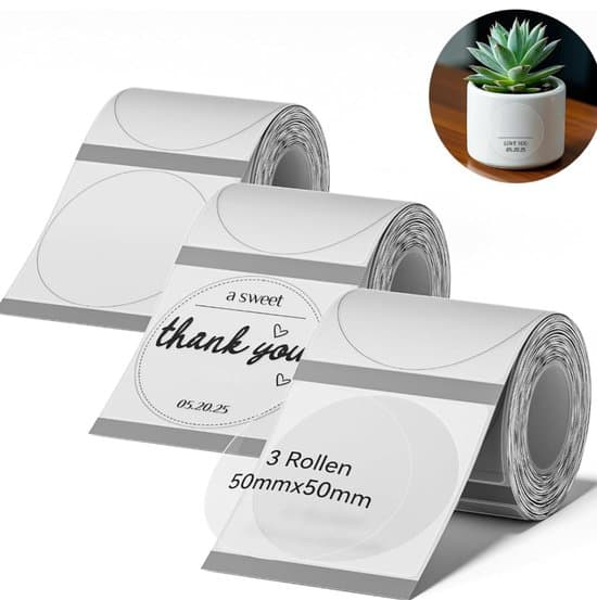 Round Thermal Labels 50 x 50 mm - Suitable for B1 B21 B3S Label Printers - 3 Rolls with 150 Transparent Labels per Roll - Thermal Label