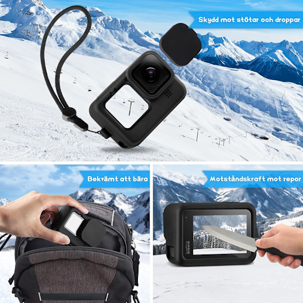 Silikonikotelo ja näytönsuojasarja GoPro Hero 12/11/10/9 mustalle, sisältää silikonikotelon, 6 karkaistua lasista näytönsuojaa ja 2 linssinsuojaa